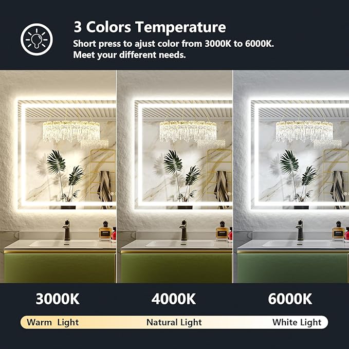 66x40 Inch LED Bathroom Mirror with Lights Front and Backlit Lighted Vanity Mirror for Bathroom Wall with 3 Colors Dimmable Anti-Fog Memory Shatter-Proof IP54 Waterproof Horizontal/Vertical