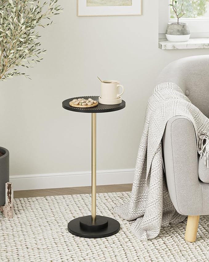 Round Side Table, Small Drink Table for Small Spaces, Modern Accent End Table Coffee Table with Metal Leg for Living Room, Bedroom, Corners, and Office (Black Gold)
