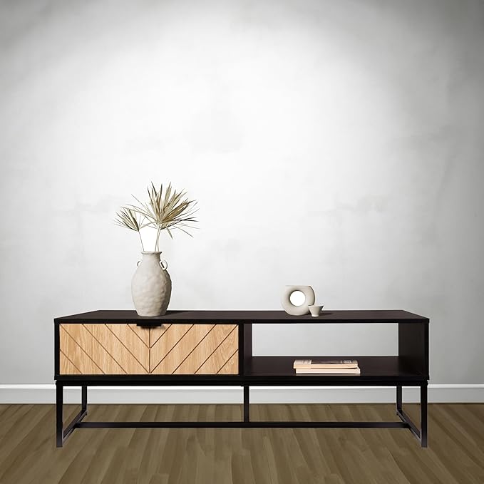 AC Pacific Bali Coastal Modern TV Stand with Storage Cubby and Natural Wood Drawer, Stylish and Functional Entertainment Center for Living Room or Bedroom, 47" Long, Black