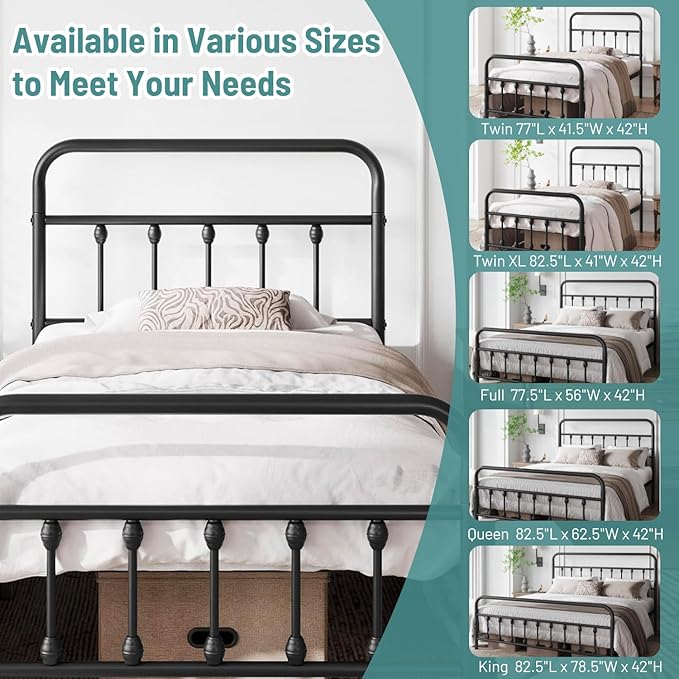 Twin Bed Frame-Classic Metal Platform Bed Frame Mattress Foundation with Victorian Style Iron-Art Headboard/Footboard/Under Bed Storage/No Box Spring Needed/Black