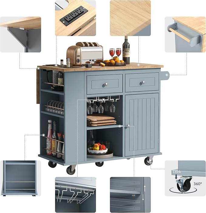 Merax Rubber Wood Kitchen Island with Adjustable Storage, Rolling Kitchen Storage Cart with Drop Leaf, Open Storage, Wine Rack, 5 Wheels for Home, Kitchen, Dining Room, Blue