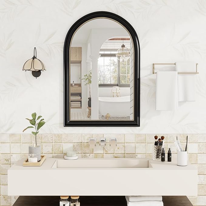 Axeman 24x36 Arched Wall Mirror, Decorative Bathroom Mirror, Traditional Vintage Wall Mounted Mirror with Beaded Frame for Accent Living Room Vanity Bedroom Entryway, Black