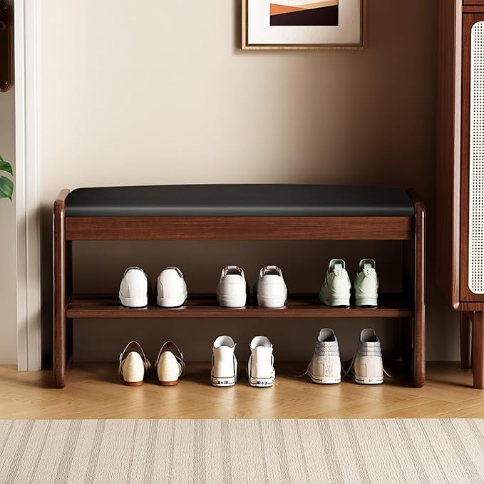 Wooden Shoe Storage Bench with Padded Top Cushion, Two-Tier Wooden Shoe Rack, Suitable for Bedrooms and Living Rooms, Black Walnut(39.4'')