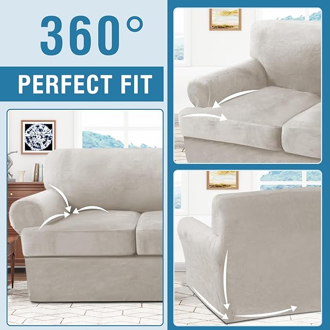 H.VERSAILTEX Sofa Cover 3 Piece T Cushion Loveseat Slipcovers Thick Velvet Couch Cover Stretch T Cushion Sofa Covers for 2 Cushion Couch with 2 Individual T Cushion Covers Washable, Oatmeal
