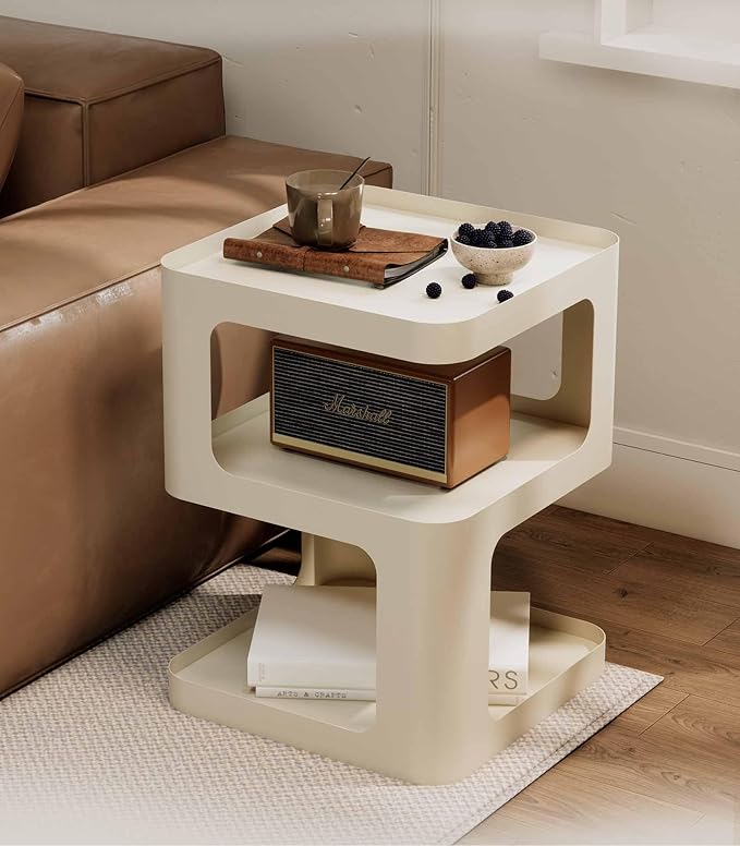 XIV Side Table, Small End Table, Modern Nightstand, Accent Bedside Table, 3 Tier Night Stands, Metal Bed Side Table for Living Room Bedroom Outdoor Entryway, No Assembly Required (Off White, Square)