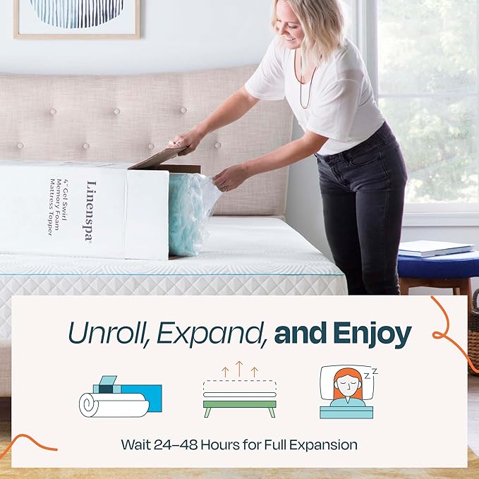 Linenspa 2 Inch Gel Swirl Memory Foam Mattress Topper – Cooling Gel Infused – Pressure Relieving Bed Topper - Mattress Pad – CertiPUR Certified - Full Size