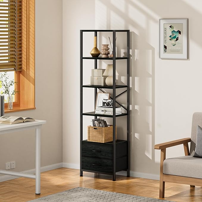 Furnulem 5-Tier Corner Shelf, Narrow Bookshelf with 2 Storage Drawers, 65.16" Tall Bookcase, Standing Shelf Organizer Unit for Living Room, Bedroom, Metal Frame, Wood Display Shelf(Black Oak)