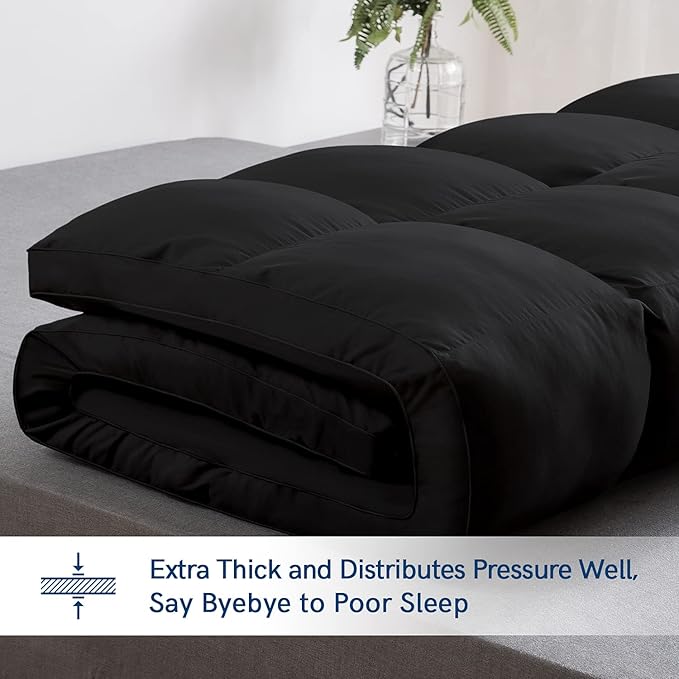 ELEMUSE RV Short Queen Black Mattress Topper for Back Pain, Extra Thick Mattress Pad Cover, Plush Soft Pillowtop with Elastic Deep Pocket, Overfilled Down Alternative Filling