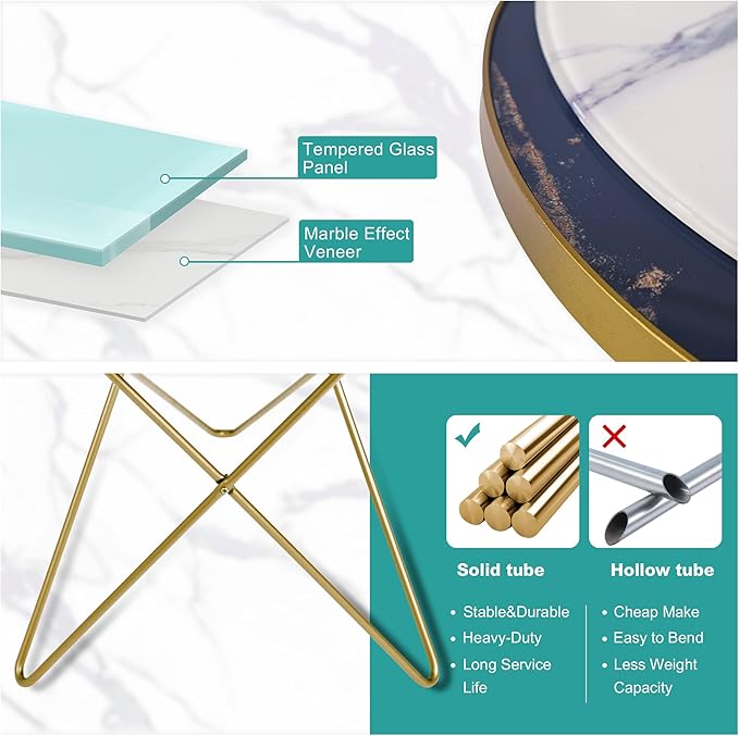 HLR Modern Round Side Table, End Table with Marble Effect Top and Gold Metal Frame, Small Side Table for Living Room, Bedroom, Sofa and Couch, Gold Legs, Black Marble top