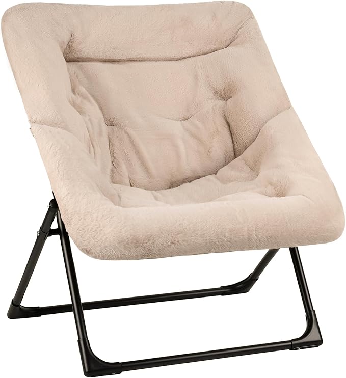 Comfy Saucer Chair for Adults, Soft Faux Fur Bedroom Chair, Accent Dorm Chairs, Flexible Living Room Reading Chairs, Oversized Folding Lounge Seat for Teens, X-Large, Light Khaki