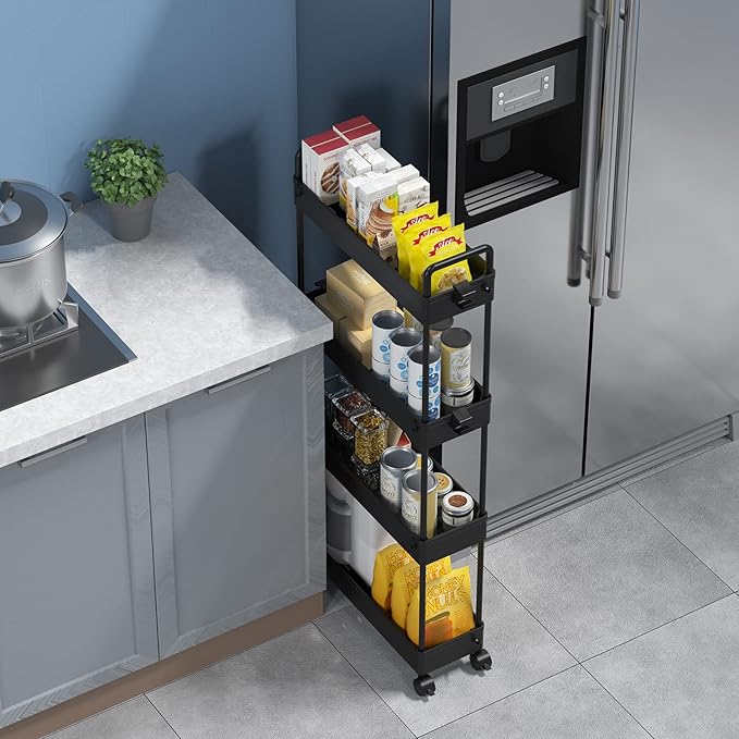 SOLEJAZZ Slim Rolling Storage Cart with Wheels 4 Tier Skinny Bathroom Storage Organizer Narrow Shelf Unit Thin Laundry Room Utility Cart for Bedside Kitchen Office Next to Fridge Small Places, Black