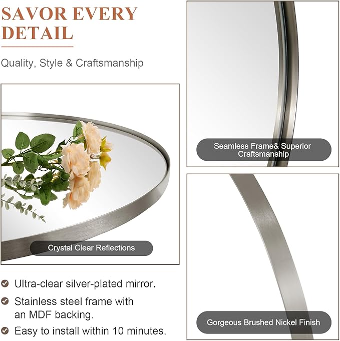 ANDY STAR Brushed Nickel Mirror Bathroom, 24x32 Inch Brushed Nickel Oval Mirror, Stainless Steel Metal Frame Oval Vanity Mirrors Hangs Horizontal or Vertical, Modern Style for Home