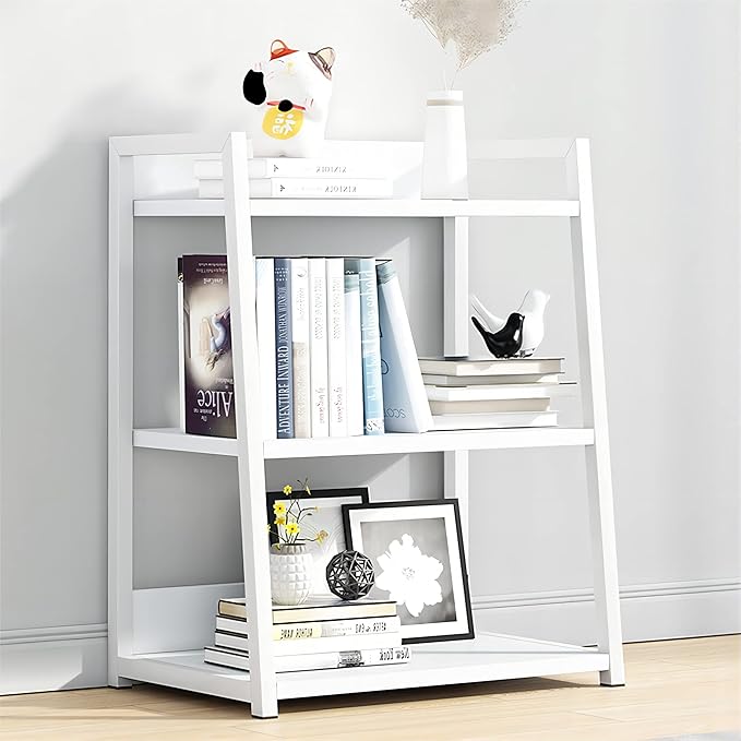 IOTXY 3 Tier Open Bookshelf - Steel and Wood Display Stand, 50CM Width Floor-Standing Bookcase, White