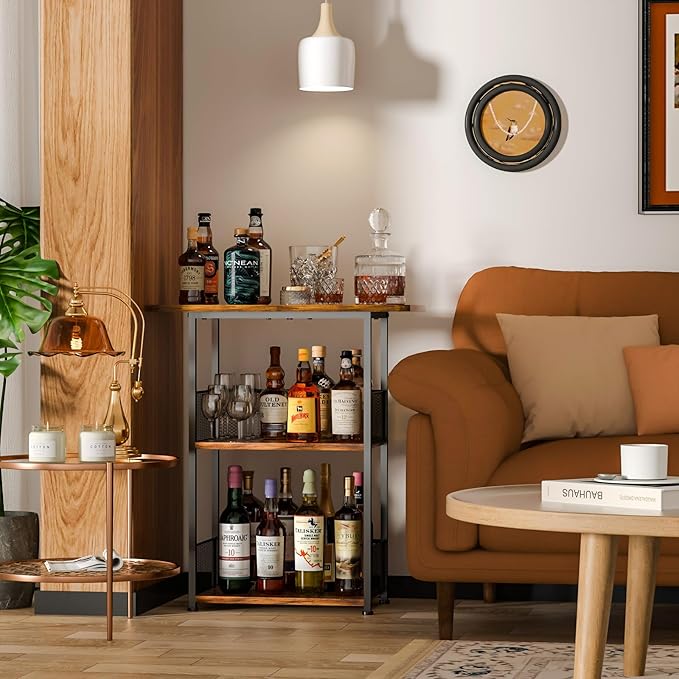 Floor Standing Freestanding Whiskey Rack: 3 Tier Wine Rack Mini Bar Table Corner Wine Bottle Display Stand Liquor Cabinet Bar, for Bottles,Cocktail Shaker,Mugs