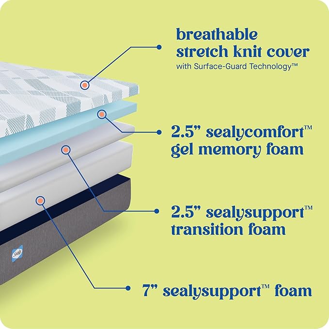 Sealy Dreamlife 12" Foam Mattress-in-a-Box, Twin XL, SealyComfort Gel Memory Foam, SealySupport Transition Foam, Surface-Guard Technology