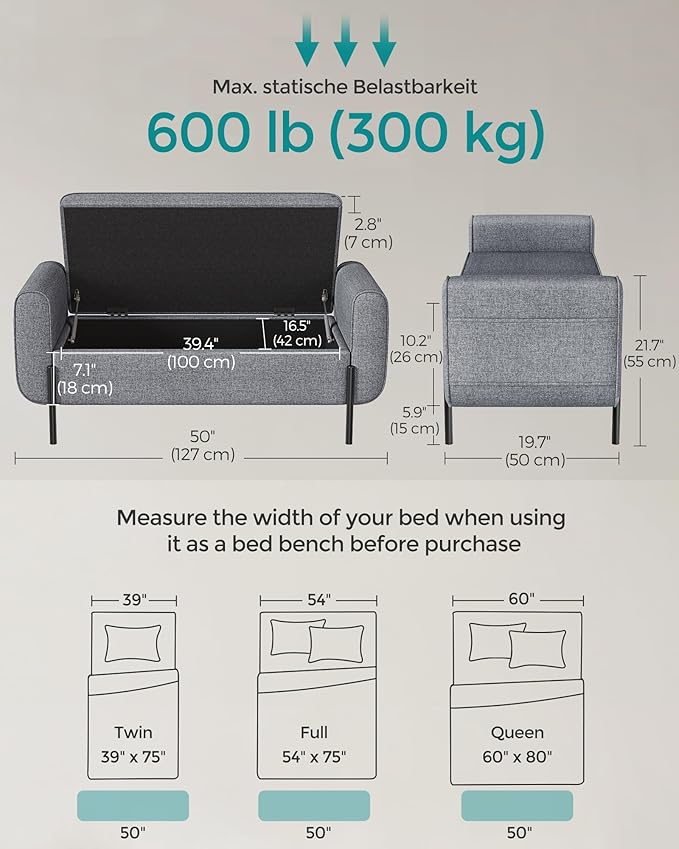 SONGMICS Storage Bench with Armrests, Ottoman for Living Room, Bedroom, Entryway, Steel Legs, Light Gray ULOM072G02
