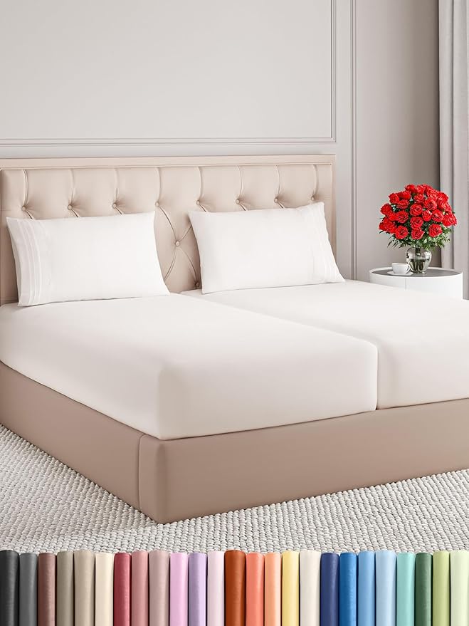 Split King Size 5 Piece Sheet Set - Comfy Breathable & Cooling Bed Sheets Set - Hotel Luxury Bedding for Women, Men, Kids, Teens, Boys & Girls - Deep Pockets & Wrinkle Free - Oeko-Tex - Antique White