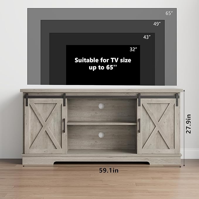 CABIHOME Farmhouse Tv Stand for 65 Inches TVs, Entertainment Center with Storage and Sliding Barn Doors, Adjustable Shelf Modern Media TV Console TV Stand Table for Living Room, Bedroom, Grey