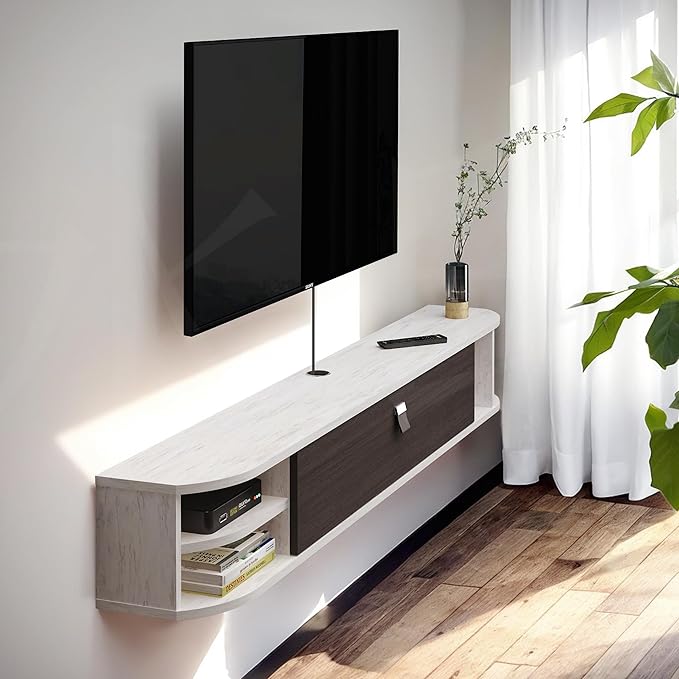 Pmnianhua Floating TV Stand,63'' Under TV Shelf,Modern Floating TV Console,Wall Mounted TV Cabinet,Floating Entertainment Center with Storage for Bedroom Living Room(Gray-White)