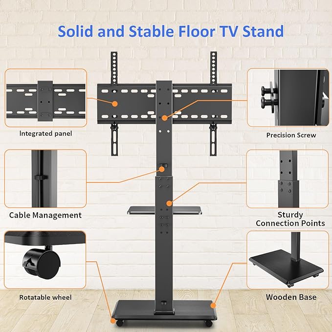 Rolling TV Stand, Mobile TV Cart for 32-75 Inch TVs up to 110 lbs, 18 Adjustable Heights, TV Floor Stand with Swivel Mount & Shelf, Max VESA 600x400mm, TV Stand on Wheels for Bedroom, Office, Outdoor
