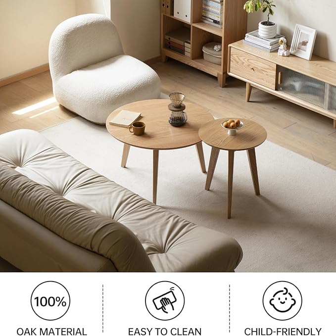100% Solid Oak Wood Coffee Table Set, Round Coffee Table Combo Side Table w/Solid Wood Legs, Mid Century Table Sturdy Tables for Bedroom Balcony Living Room (Natural, Small-Medium Combo)