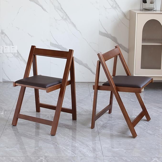Walnut Round Folding Dining Table with 6 Chairs, Walnut Solid Wood Folding Chair Set of 2, Space Saving Foldable Dining Table with 6 Chairs