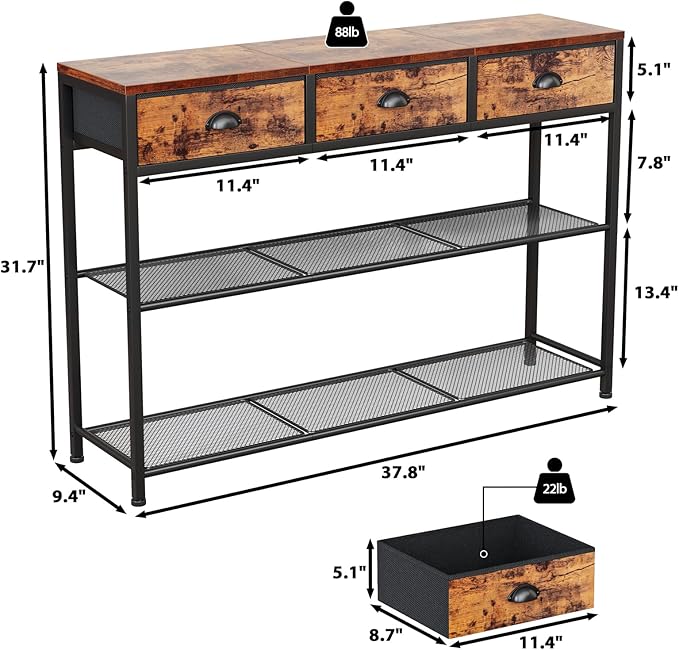 Furologee Entryway Table, 38'' Console Sofa Table with 3 Fabric Drawers, Industrial Entry Way Table with Storage Shelves, Display Shelf for Living Room, Hallway, Entrance, Foyer, Rustic Brown