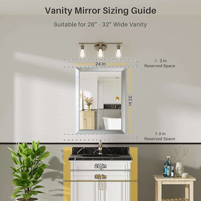 24x32 Inch Silver Bathroom Mirror for Wall, Thick Metal Framed Rectangle Mirrors for Over Sink, Bedroom, Living Room, Entryway, Anti-Rust, HD Tempered Glass