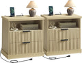 VASAGLE MAXE Collection - Set of 2 Nightstands with Charging Station, Bedside Table, Side End Table with 2 Drawers, Open Shelf, 2 AC Outlets, 2 USB Ports, Transitional, Bedroom, Oak Beige ULET926Y01