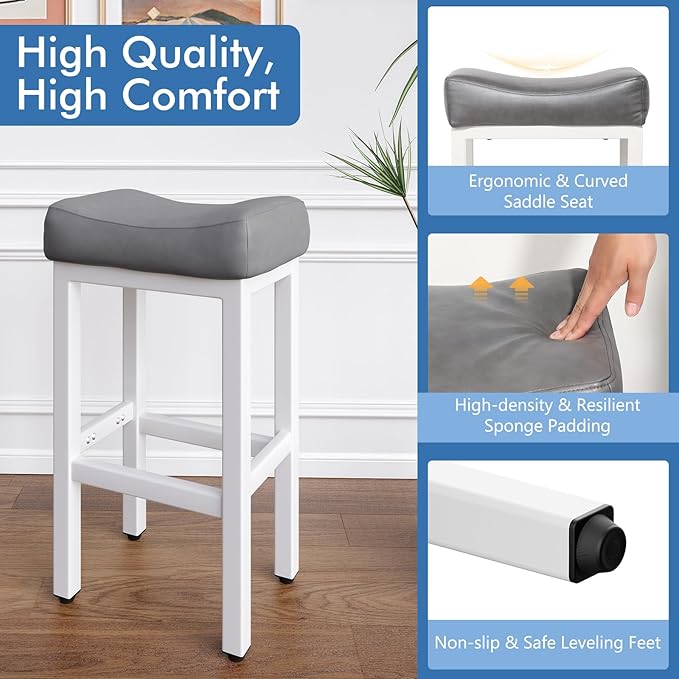 29 Inch Bar Height Bar Stools Set of 2, 29" Barstools for Kitchen Island Counter, Backless Bonded Leather Bar Height Stools with Thick Saddle Seats & Heavy Duty Metal Base, Easy Assembly, Gray/White