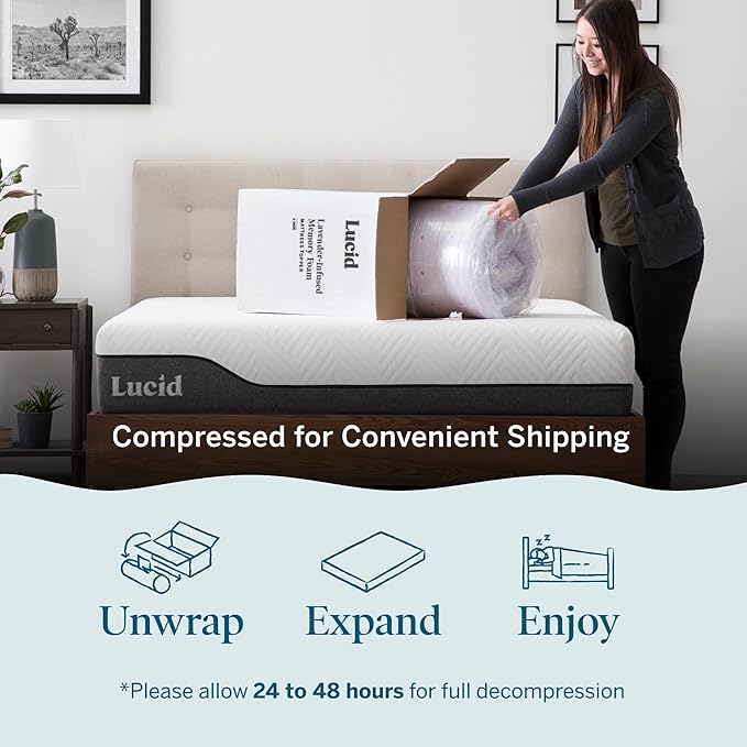 Lucid 2 Inch Lavender Infused Memory Foam Mattress Topper - Ventilated Design – Pressure Relieving Bed Topper - Mattress Pad – CertiPur Certified - Twin Size