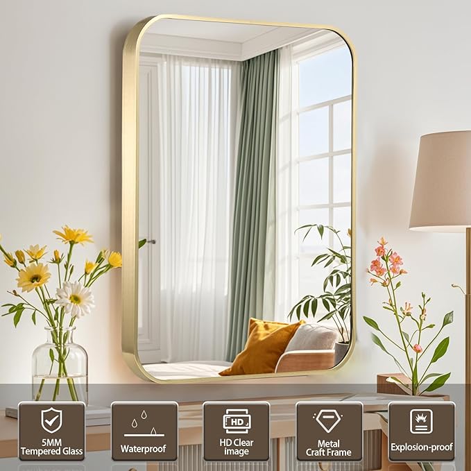 Gold Bathroom Mirror, 48x30 Inch Brushed Gold Mirror, Aluminum Alloy Framed Rectangle Bathroom Mirror for Over Sink, Anti-Rust Wall Mirror (Horizontally or Vertically)