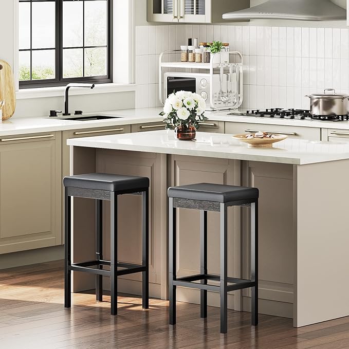 HOOBRO Bar Stools, Set of 2 Bar Chairs, 24.8-Inch Height Stools, Breakfast Bar Stools, Kitchen Stools, 2" Thick Upholstery, for Kitchen, Dining Room, Cafe, Bar Counter, Black BB21BY01
