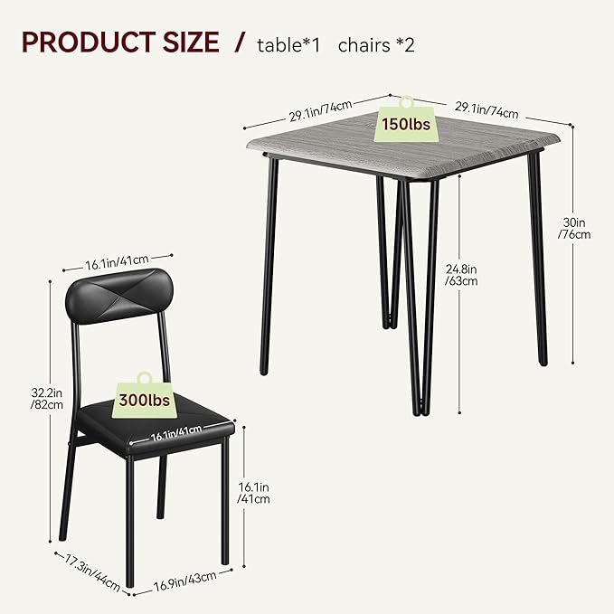 IDEALHOUSE Dining Table Set for 4, Kitchen Table with Upholstered Chairs for Kitchen Room and Small Spaces (Grey, Table with 2 Upholstered Chairs)