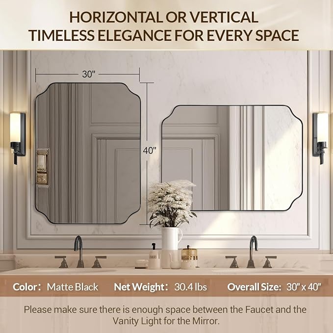 30"x40" Large Bathroom Mirror, Matte Black Scalloped Mirror for Bathroom, Black Irregular Wall Mirror, Unique Shape Design with Superior Stainless Steel Frame, Weigh 30.5Lb