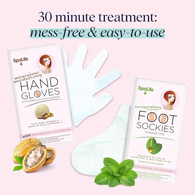 SpaLife Moisturizing Hand Gloves & Foot Mask Socks | Korean Skincare Set for Dry Cracked Hands & Dry Cracked Feet Callus Remover Alternative | Self Care Gifts for Women | 4 Hand, 4 Foot