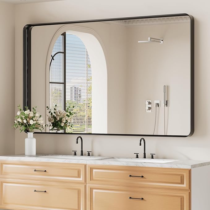 Koonmi Black Wall Mirror for Bathroom, 36x60 Inch Matte Deep Framed Rounded Rectangle Vanity Mirror for Farmhouse Living Room, Tempered Glass, Anti-Rust, Vertically or Horizontally