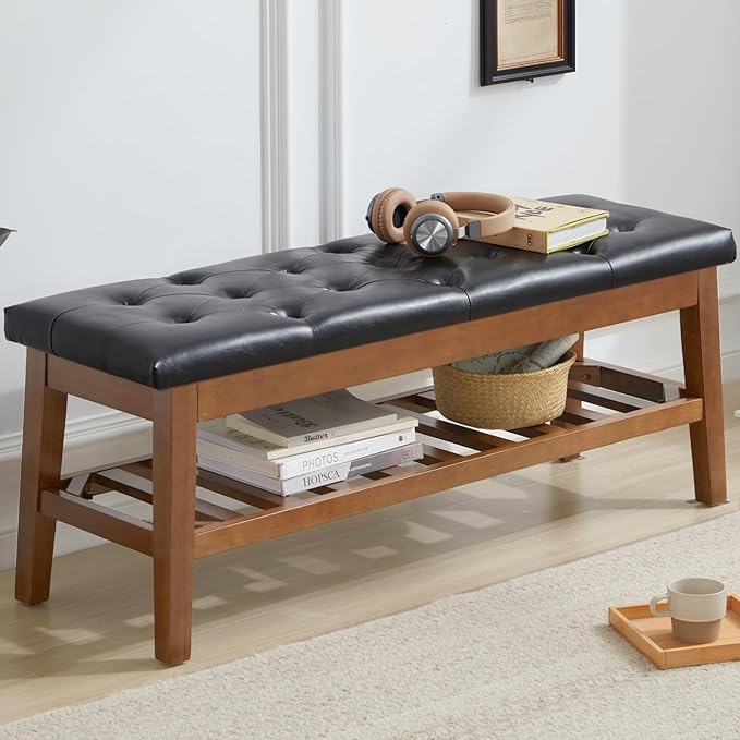 Upholstered Shoe Bench Entryway Bench for Bedroom, End of Bed, Ottoman Bench Tufted Padded Seat with Solid Wood Shelf for Living Room, Faux Leather Black