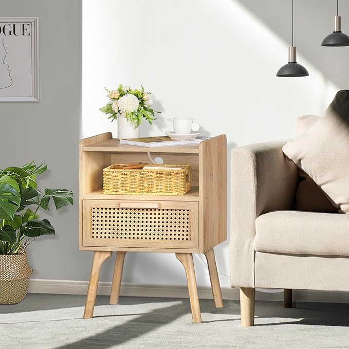 Lerliuo Rattan Nightstand with Charging Station, Boho Side Table with Drawer Open Shelf, Cane Accent Bedside End Table for Bedroom, Dorm and Small Spaces
