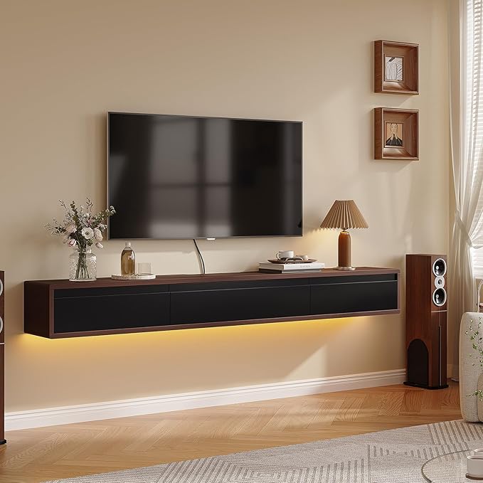 Floating TV Stand Matte Finish, 86'' Wall-Mounted TV Cabinet,Floating TV Console,Under TV Shelf with 3 Doors for Living Room Bedroom(Walnut+Black)