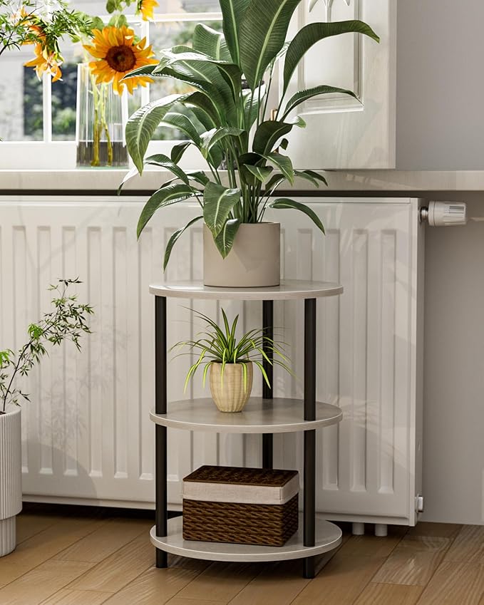 Small Round End Table - 3 Tier Design Accent Table, Narrow Side or Bedside Stand, Industrial Vintage Nightstand for Bedroom, Living Room, or Small Spaces, Set of 2, Greige