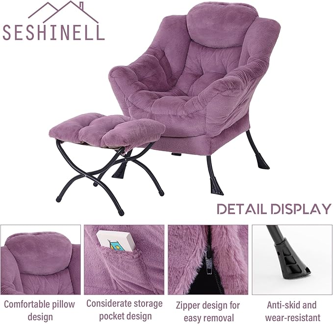 Lazy Chair with Ottoman, Modern Accent Chair Contemporary Lounge Leisure Sofa Chair with Armrests, Reading Chair and Folding Footstool Set for Living Room, Bedroom, Office