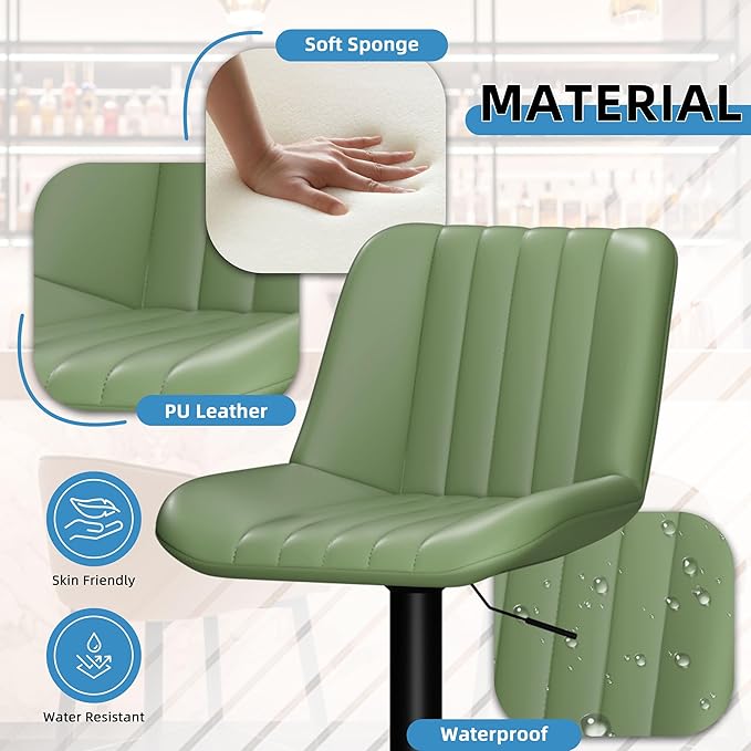 Shintenchi Swivel Bar Stools Set of 2, Adjustable Faux Leather Upholstered Swivel Counter Stools, Armless Bar Height Island Chairs with Back and Footrest, Green