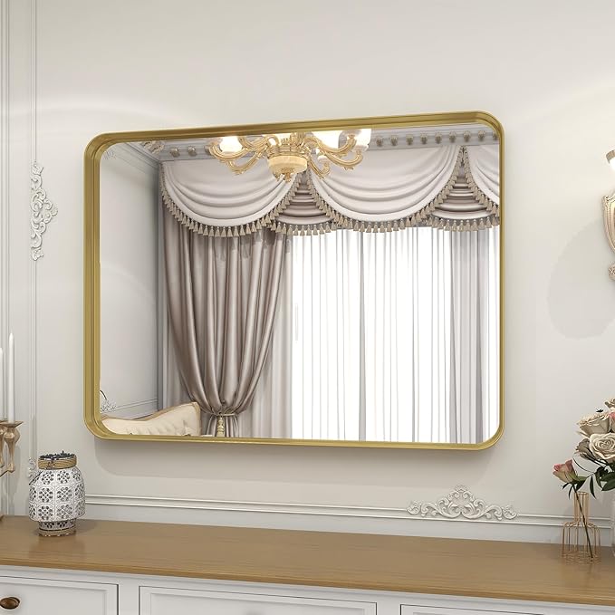 Bathroom Mirror 24x36 inch, Gold Gorgeous Deep Frame Wall Mirror, Modern Round Corner Bathroom Vanity Mirror for Bedroom, Living Room, Hanging or Leaning Horizontal or Vertical, Gold