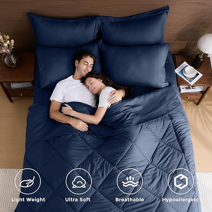 HEVUMYI Navy Blue King Comforter Set - 7-Piece All Season Bed in a Bag King, Ultra Soft Bedding Set with Comforter, Flat Sheet, Fitted Sheet, Pillowcases, Pillow Shams, Navy Blue
