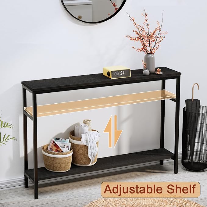 Narrow Console Table, 47 Inch Sofa Table with Adjustable Shelf, 2-Tier Long Skinny Table for Hallway, Entryway, Living Room, Foyer, Black