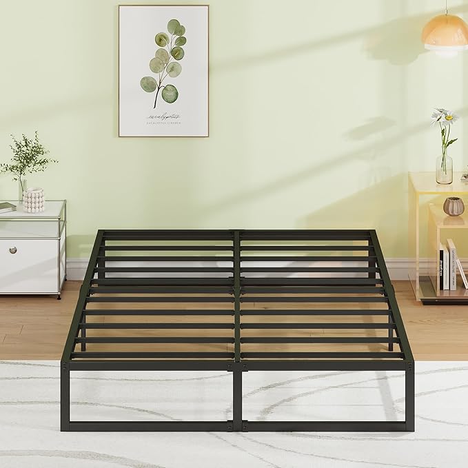EMODA 12 Inch Queen Bed Frame No Box Spring Needed Heavy Duty Metal Platform BedFrame Queen Size with Steel Slats, Easy Assembly, Black