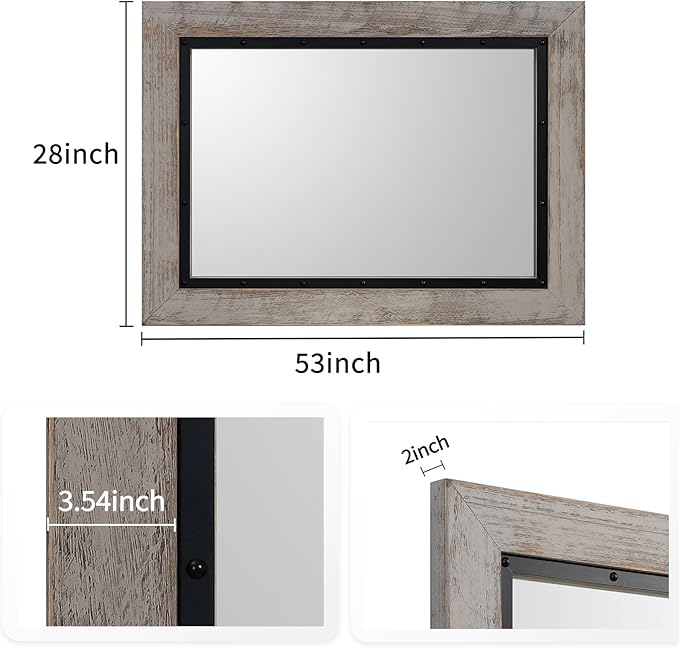 YOSHOOT Rustic Wooden Framed Wall Mirror, Natural Wood and Iron Bathroom Vanity Mirror for Farmhouse Decor, Vertical or Horizontal Hanging, 53" x 28", Grey