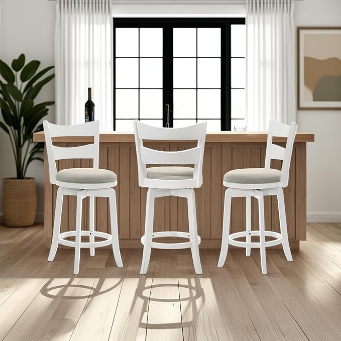 Armen Living Blair 30 in. Matte White Bar Height Rubberwood Swivel Barstool with Fog Fabric Seat - Set of 4