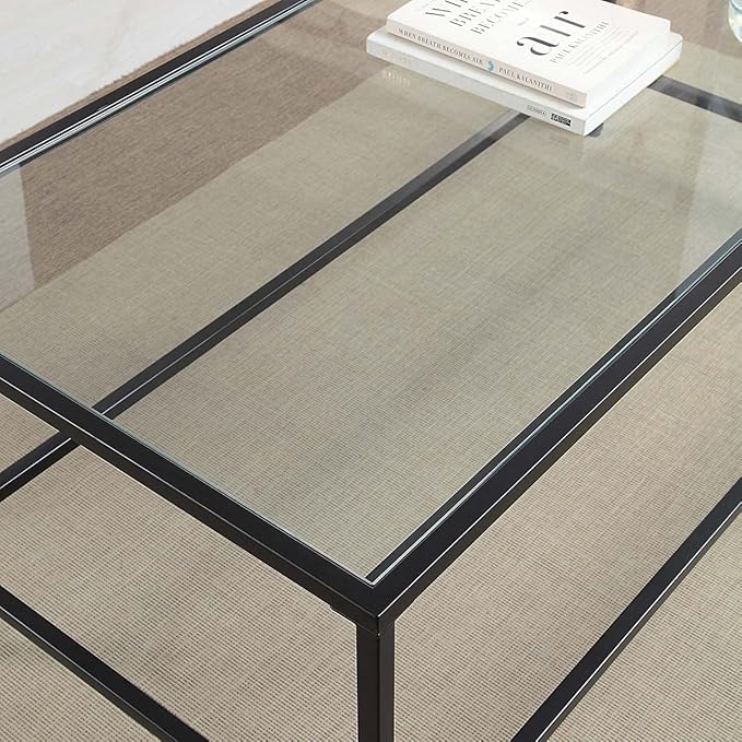CAWS 22" W Black End Table, Tempered Glass Rectangle Side Table, Night Stand, Modern Minimalist Table, 21.97"L x 18"W x 22"H